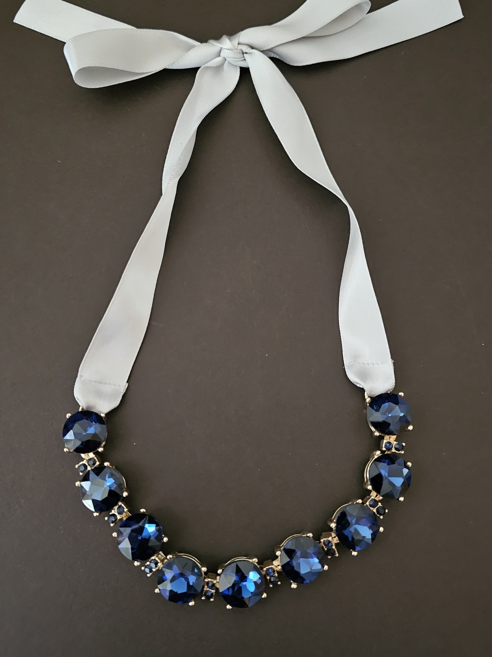J. Crew Blue Crystal Necklace with Gray Ribbon Tie Ex Cond